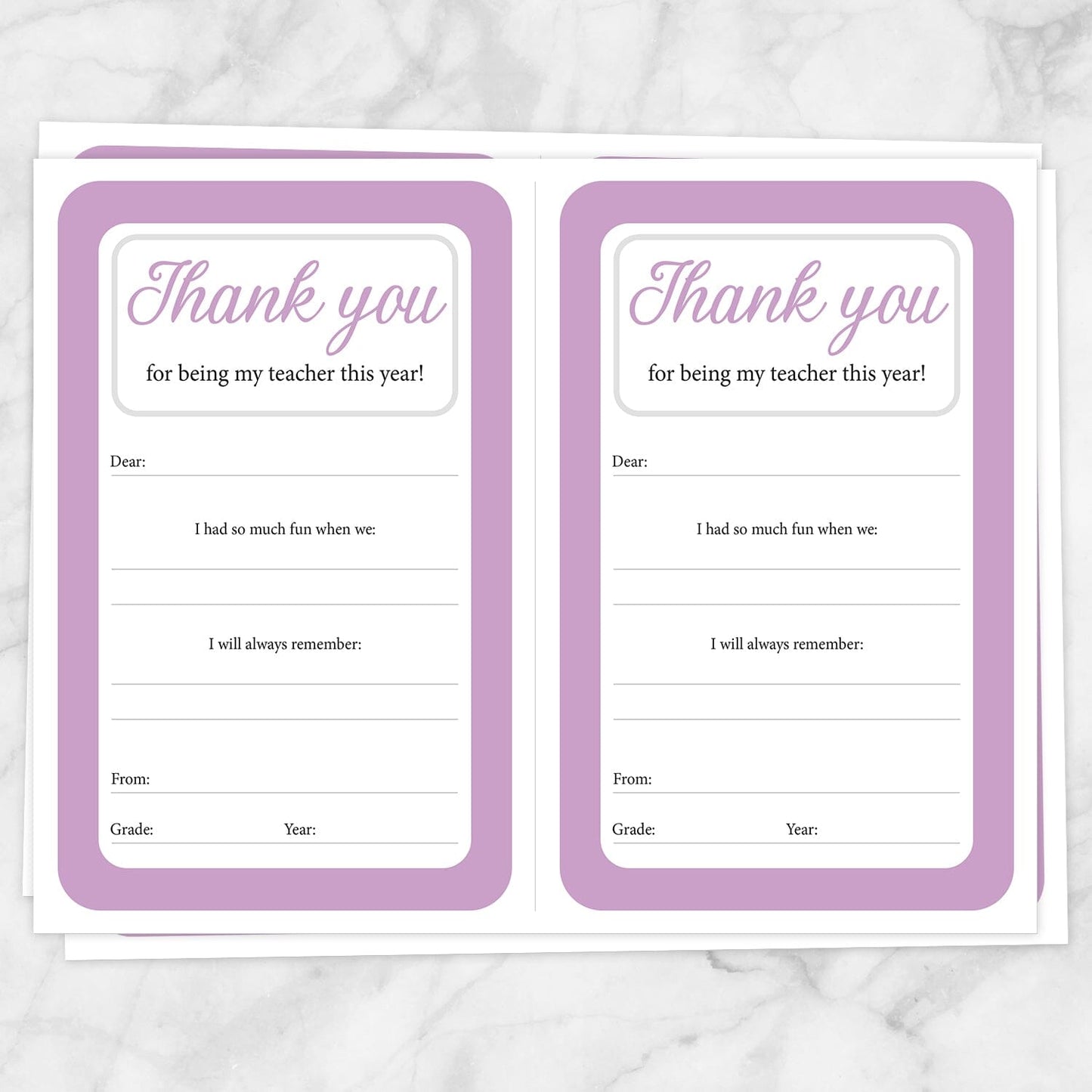 Printable Teacher Thank You Notes in purple at Printable Planning. Sheets of 2 thank you notes per page.