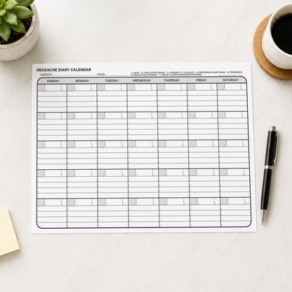 Printable Headache Diary Calendar - Monthly Migraine Tracker PDF shown on a desk with notes, coffee, plant, and a pen.