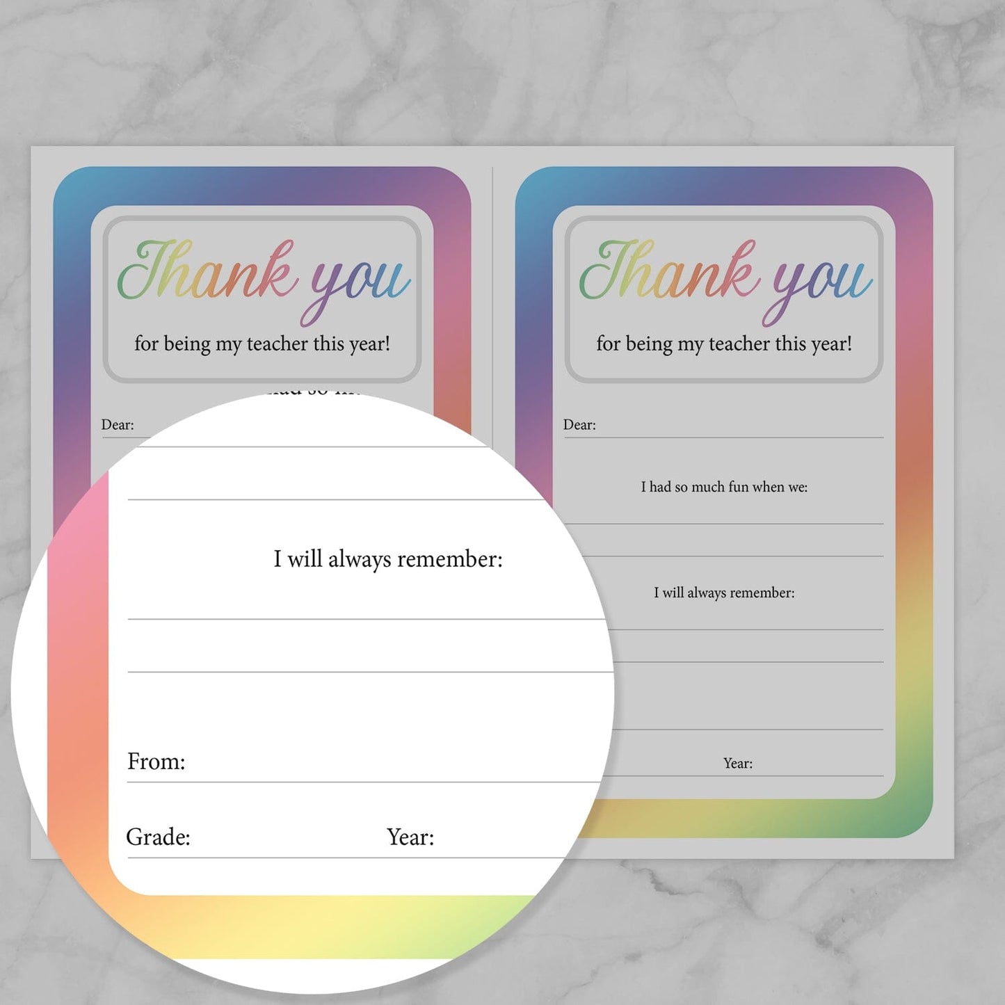 Image zoomed in on the From section of the Colorful Teacher Thank You Notes.