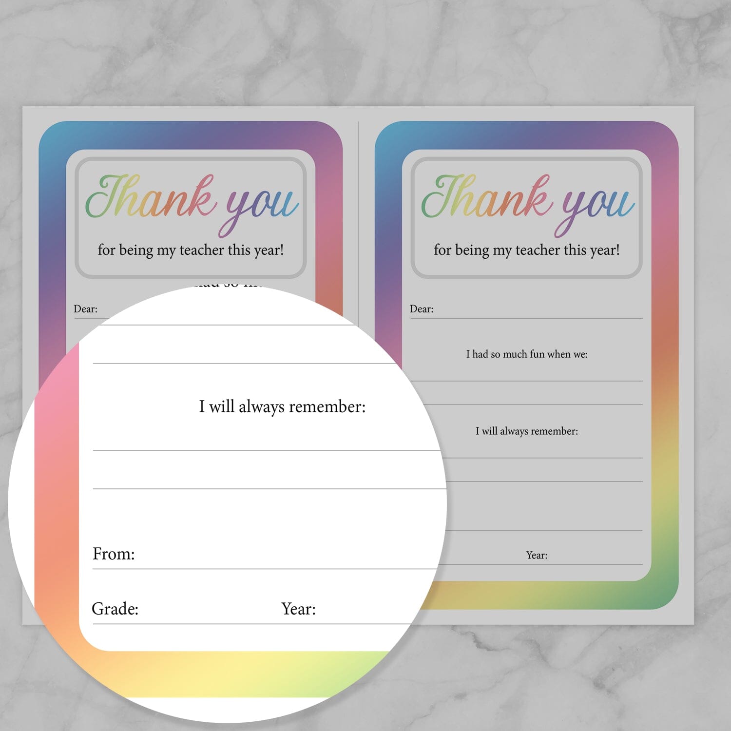 Image zoomed in on the From section of the Colorful Teacher Thank You Notes.
