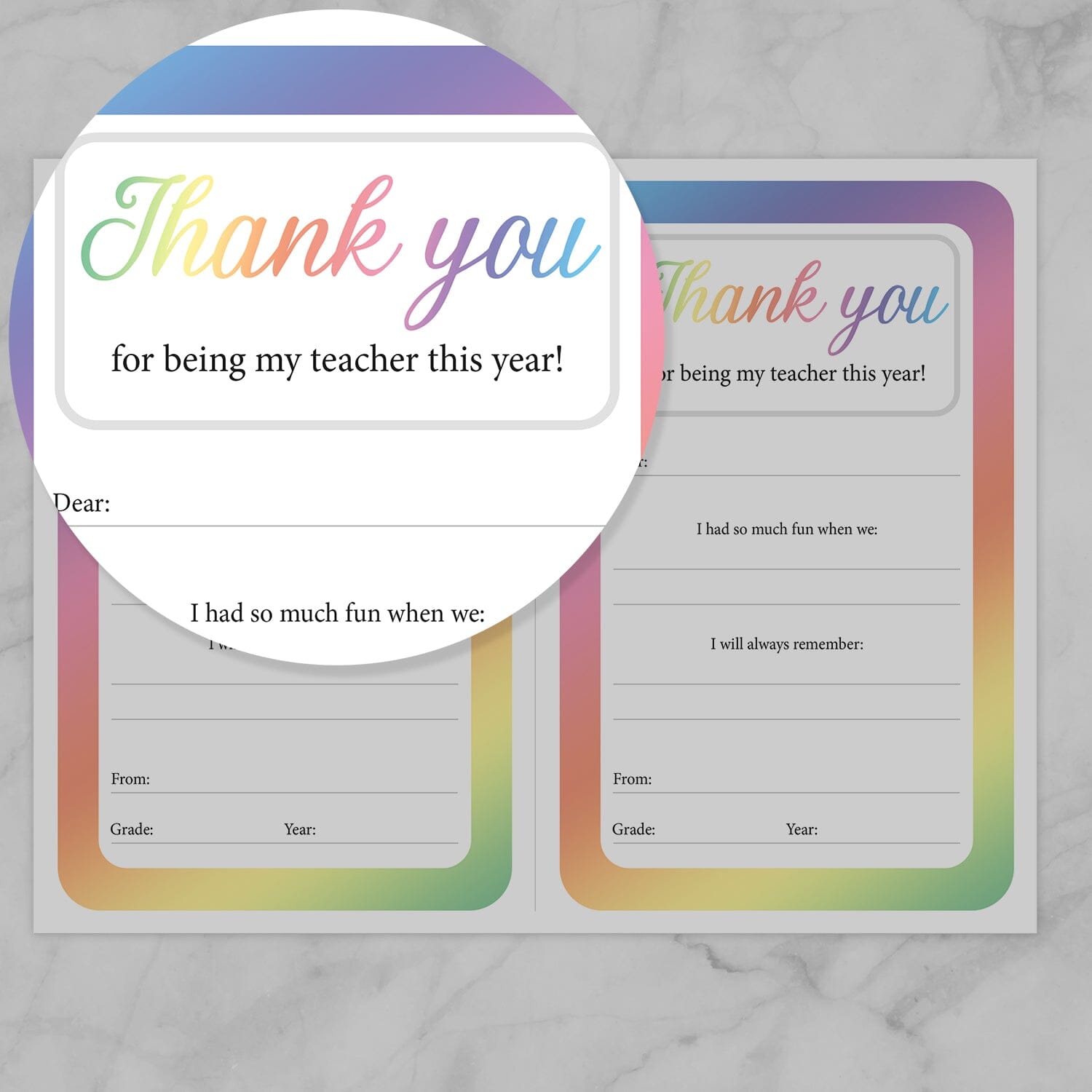 Image zoomed in on the Thank You message section of the Colorful Teacher Thank You Notes.