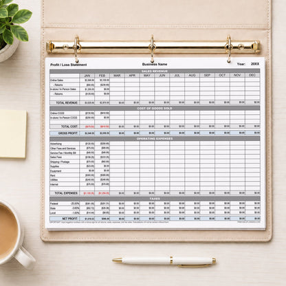  A printed Profit and Loss Statement with Auto-Calculating Totals (printable page) shown in a beige binder on a desk with a plant, coffee, sticky notes, and a pen.