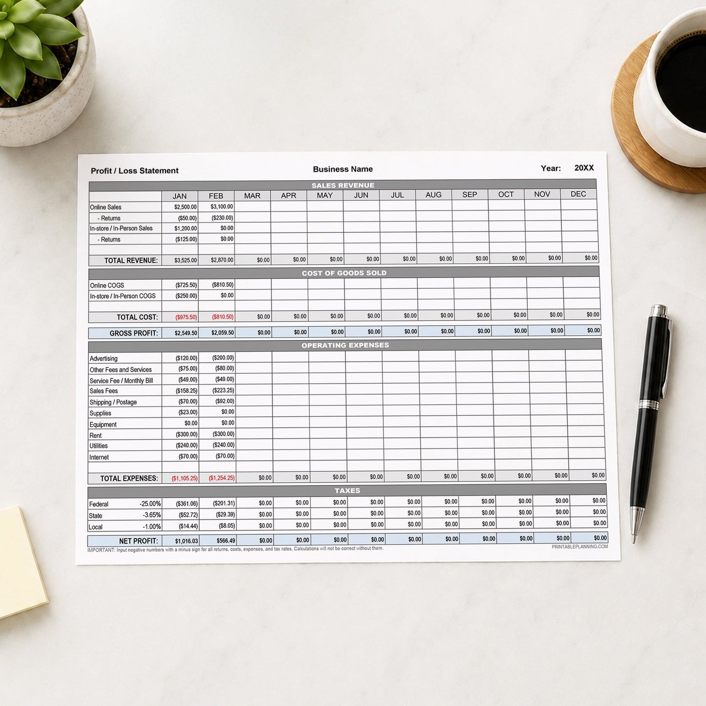 A printed  A printed Profit and Loss Statement with Auto-Calculating Totals (printable page) shown on a table with a plant, coffee, sticky notes, and a pen.