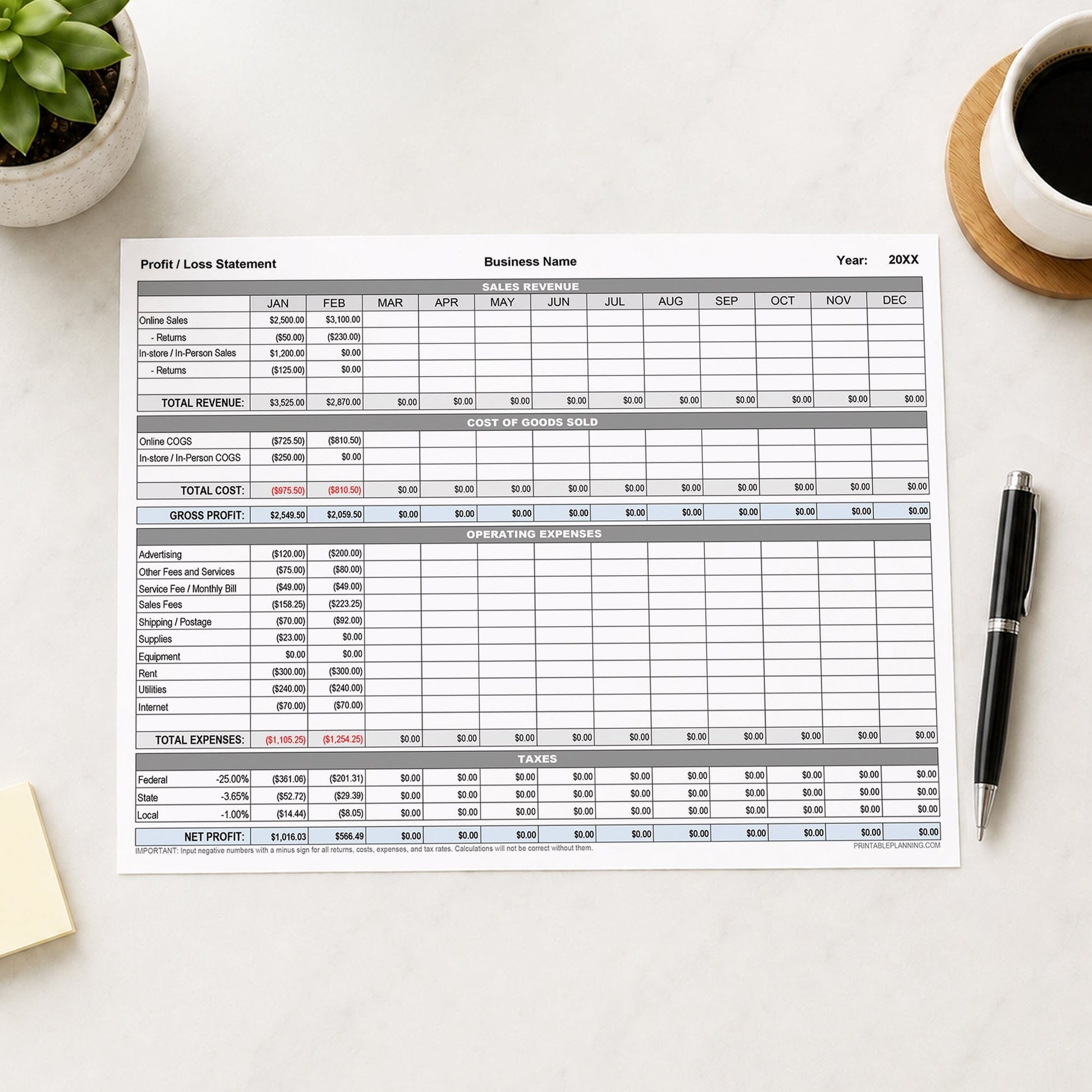 A printed  A printed Profit and Loss Statement with Auto-Calculating Totals (printable page) shown on a table with a plant, coffee, sticky notes, and a pen.