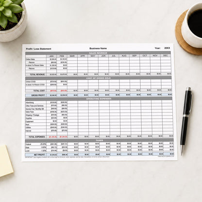A printed  A printed Profit and Loss Statement with Auto-Calculating Totals (printable page) shown on a table with a plant, coffee, sticky notes, and a pen.