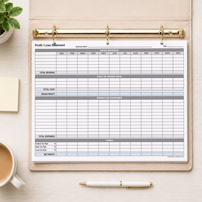 A printed Annual Profit and Loss Statement for Small Business (printable page) shown in a beige binder on a desk with a plant, sticky notes, coffee, and a pen.