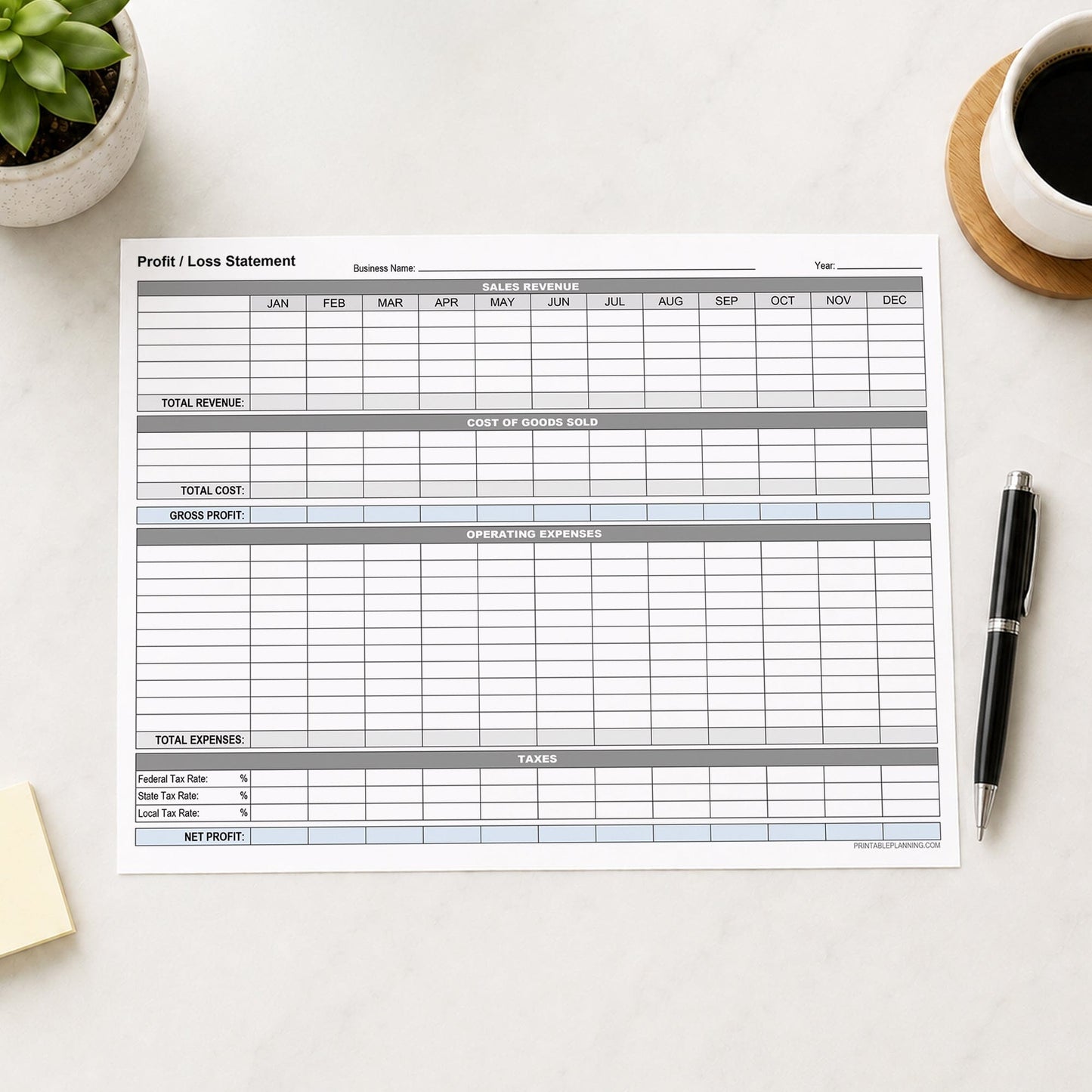 A printed Annual Profit and Loss Statement for Small Business (printable page) shown on a desk with a plant, coffee, sticky notes, and a pen.