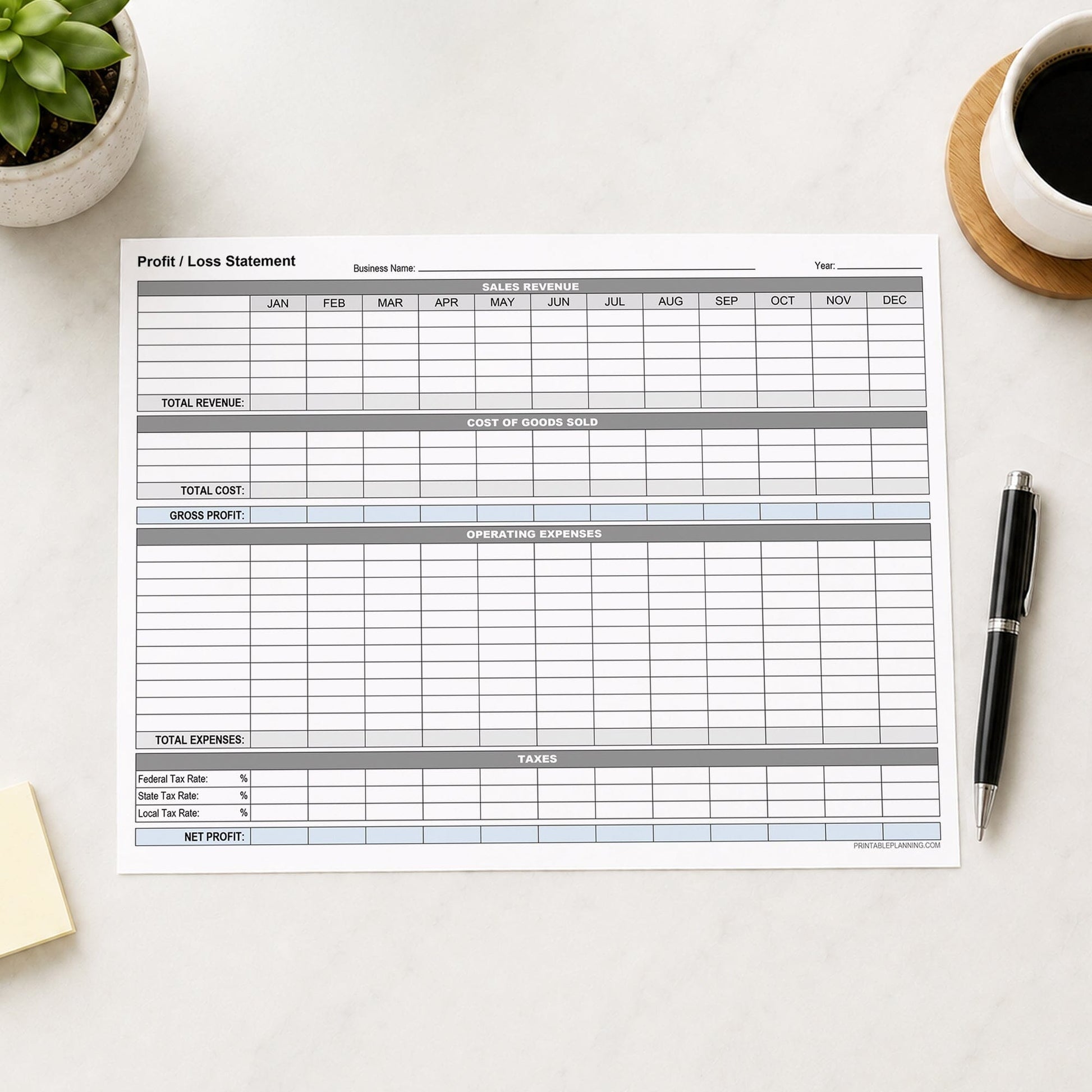 A printed Annual Profit and Loss Statement for Small Business (printable page) shown on a desk with a plant, coffee, sticky notes, and a pen.