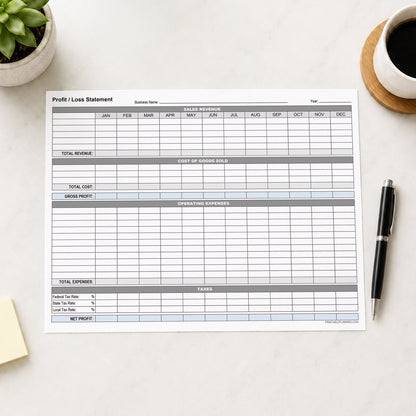 A printed Annual Profit and Loss Statement for Small Business (printable page) shown on a desk with a plant, coffee, sticky notes, and a pen.