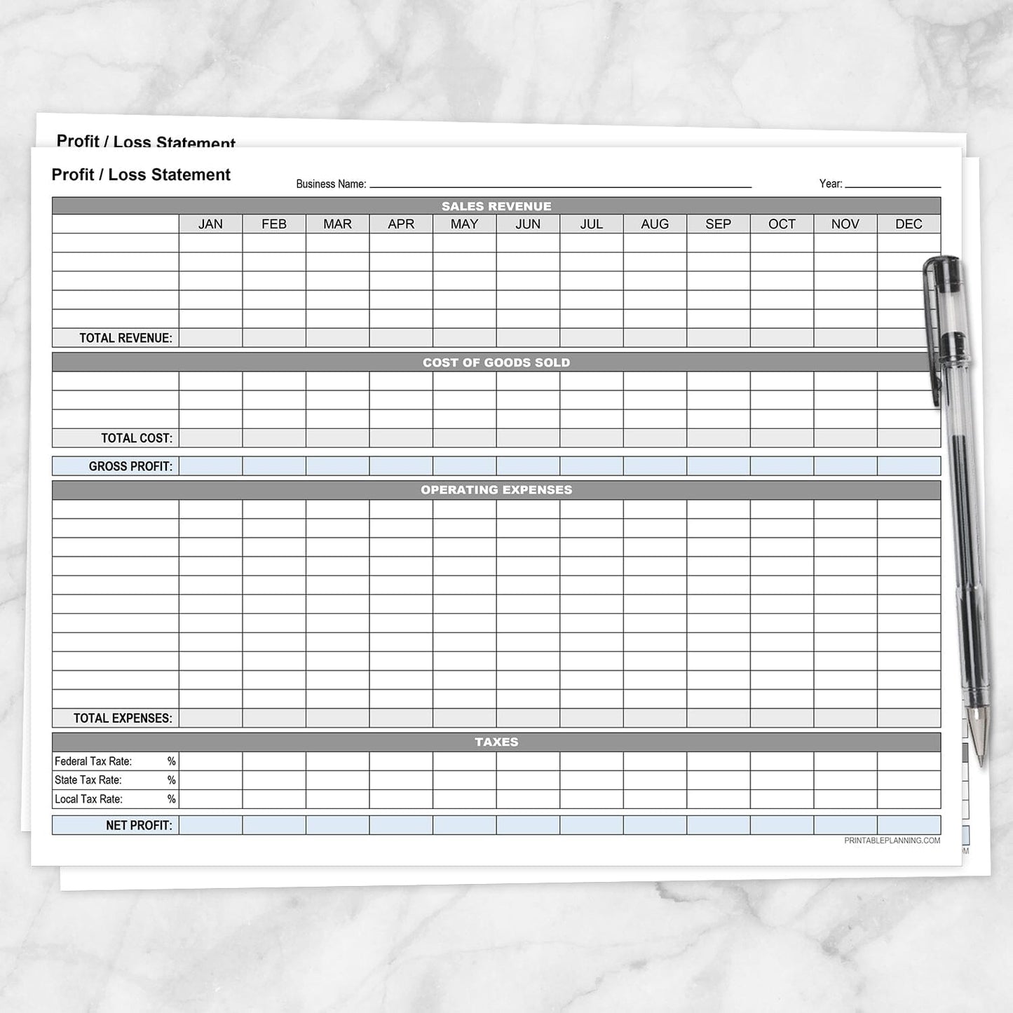 The printable Annual Profit and Loss Statement for Small Business shown on a marble surface with a pen.