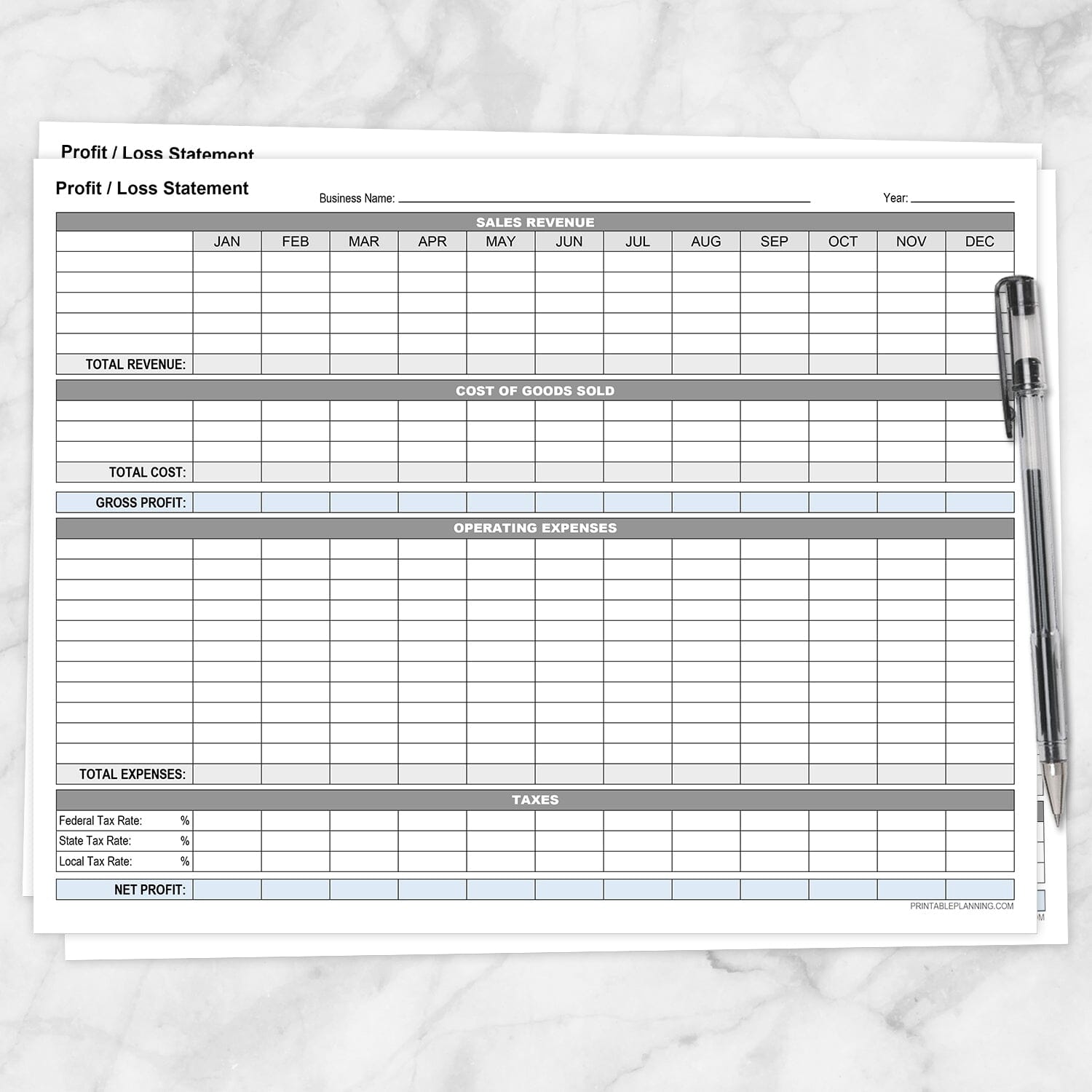 The printable Annual Profit and Loss Statement for Small Business shown on a marble surface with a pen.