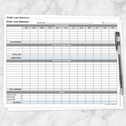 The printable Annual Profit and Loss Statement for Small Business shown on a marble surface with a pen.