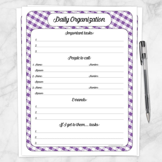 Printable Purple Gingham Daily Organization Category Task Sheet at Printable Planning.