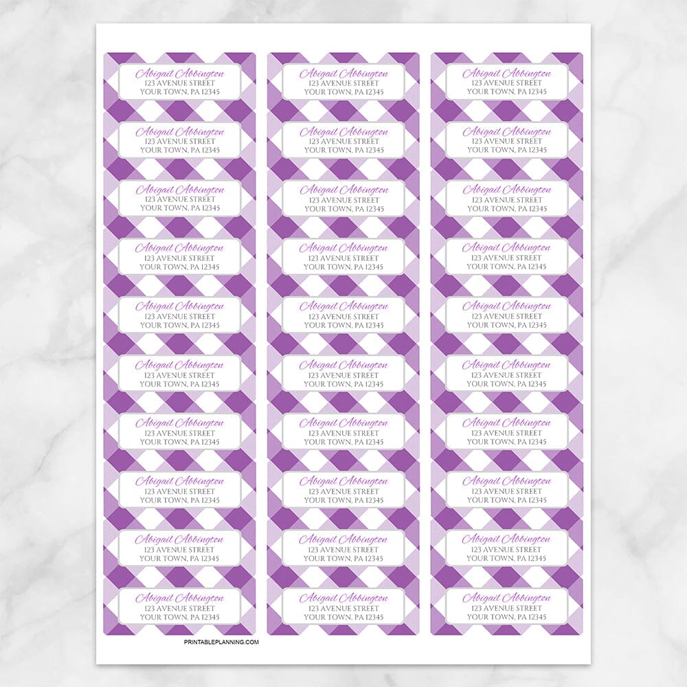 Printable Purple Gingham Pattern Address Labels at Printable Planning. Sheet of 30 labels.