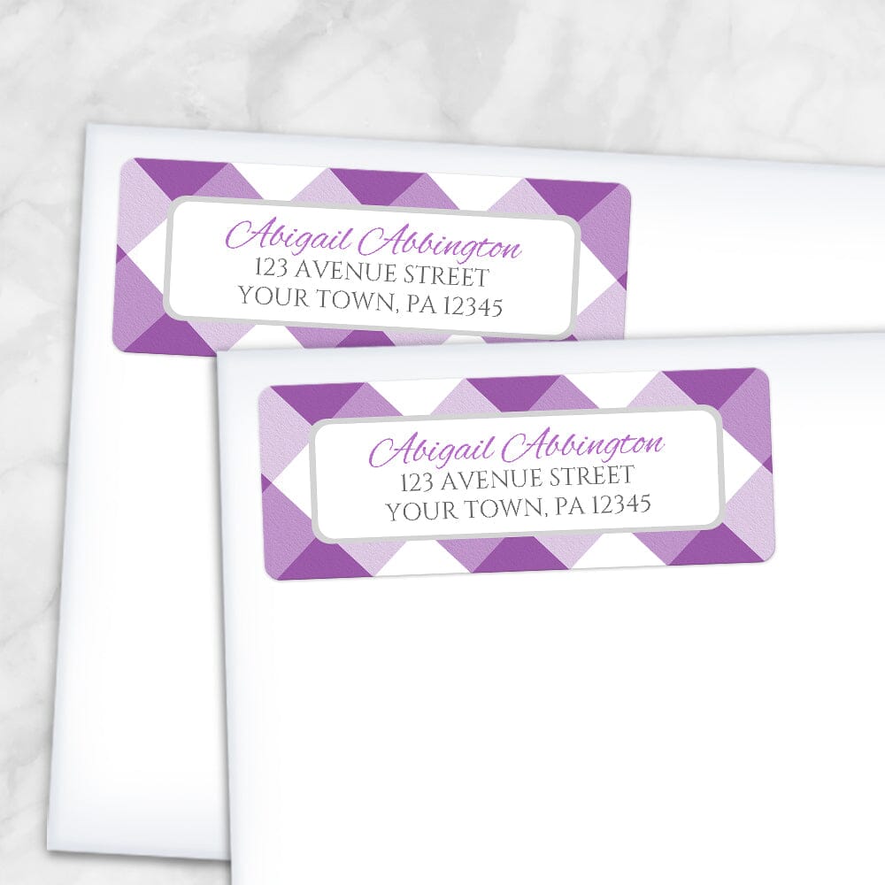 Printable Purple Gingham Pattern Address Labels at Printable Planning. Shown on envelopes. 