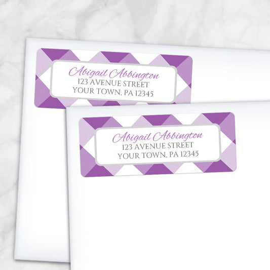 Printable Purple Gingham Pattern Address Labels at Printable Planning. Shown on envelopes. 