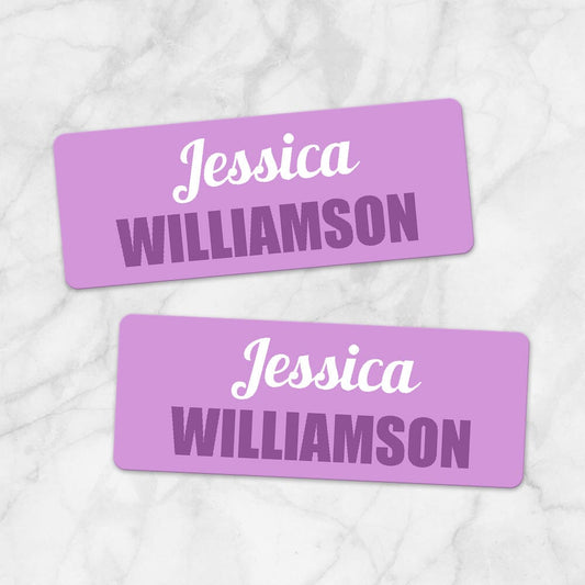 Printable Purple Name Labels for School Supplies at Printable Planning. Example of 2 labels.