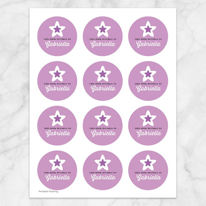 Printable Purple Star Personalized Bookplate Stickers at Printable Planning. Sheet of 12 stickers.