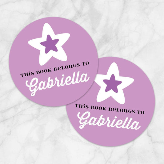 Printable Purple Star Personalized Bookplate Stickers at Printable Planning. Example of 2 stickers.