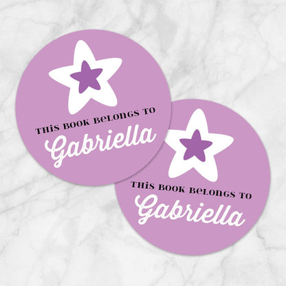 Printable Purple Star Personalized Bookplate Stickers at Printable Planning. Example of 2 stickers.
