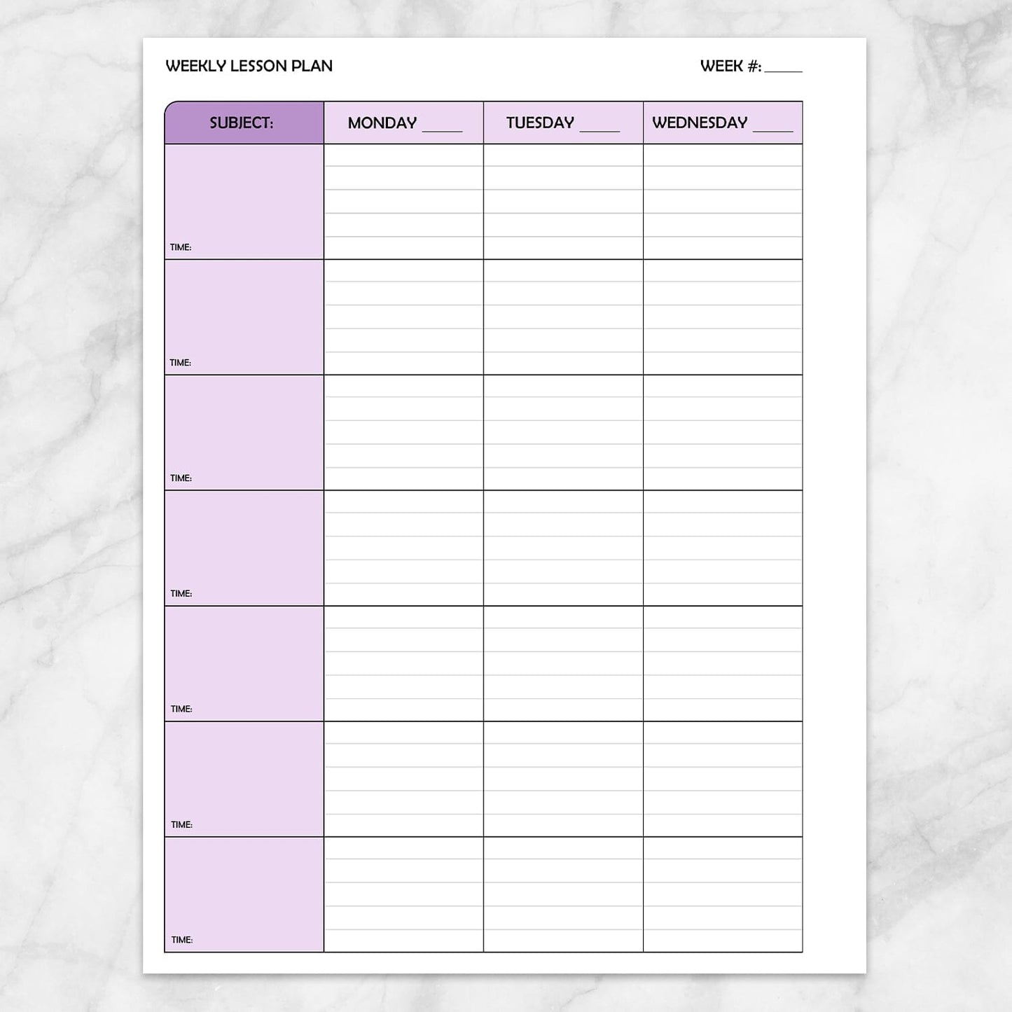 Printable Purple Weekly Lesson Plan for Teachers, School Planning Pages (left side, back page) at Printable Planning.
