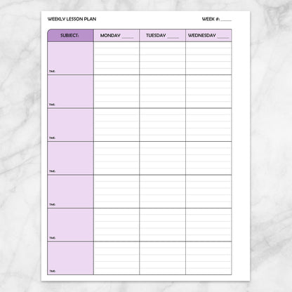 Printable Purple Weekly Lesson Plan for Teachers, School Planning Pages (left side, back page) at Printable Planning.