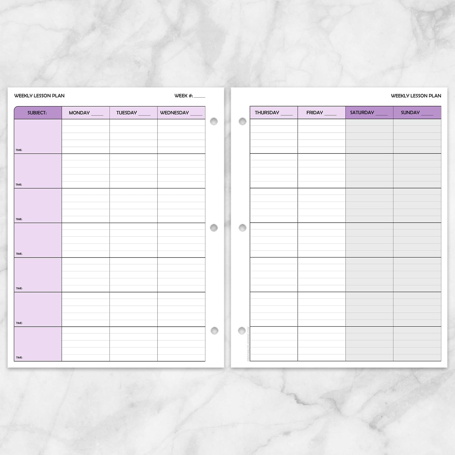 Printable Purple Weekly Lesson Plan for Teachers, School Planning Pages at Printable Planning. Image of front and back, facing pages, with a 3-hole punch example.