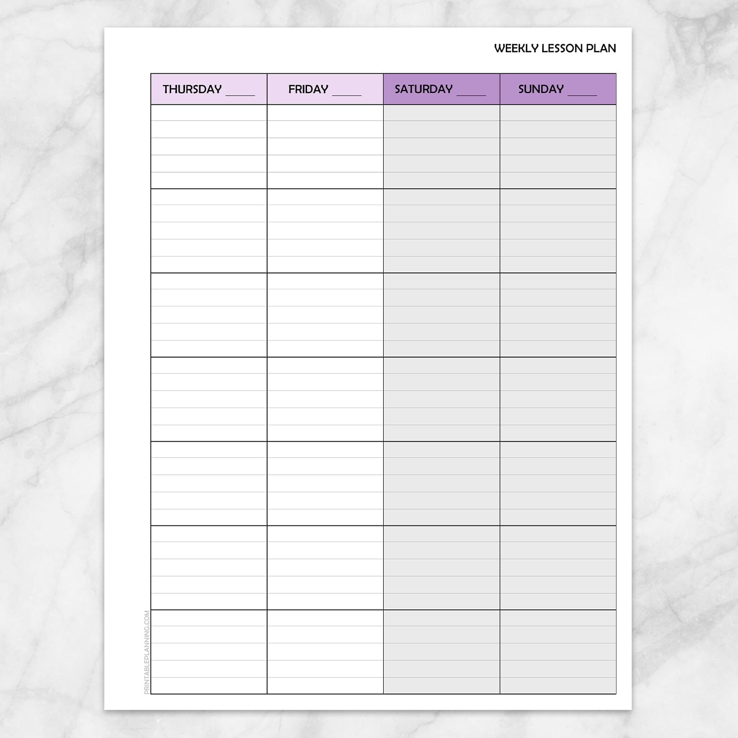 Printable Purple Weekly Lesson Plan for Teachers, School Planning Pages (right side, front page) at Printable Planning.