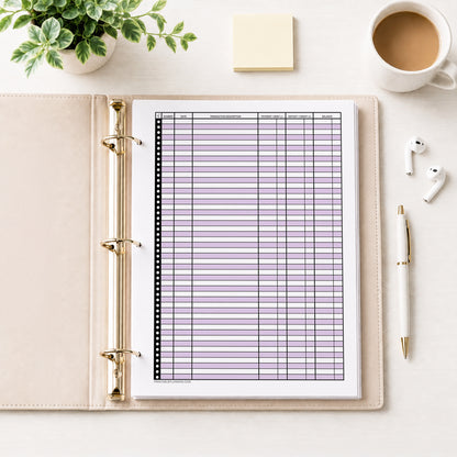 Purple Printable Check Register - Full-Page Transaction Tracker shown in an open beige binder on a desk with a plant, earbuds, coffee, notes, and a pen.