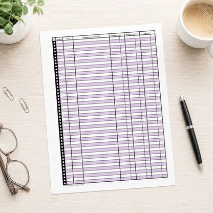 Purple Printable Check Register - Full-Page Transaction Tracker shown on a desk with glasses, a plant, coffee, and a pen.
