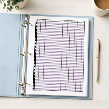 Purple Printable Check Register - Full-Page Transaction Tracker shown in a light blue binder on a desk with a plant, coffee, and a pen.