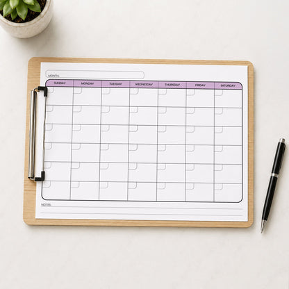 The printed Undated Monthly Calendar - Purple Full-Page Planner (printable) page shown on a wooden clipboard on a table with a plant and a pen.