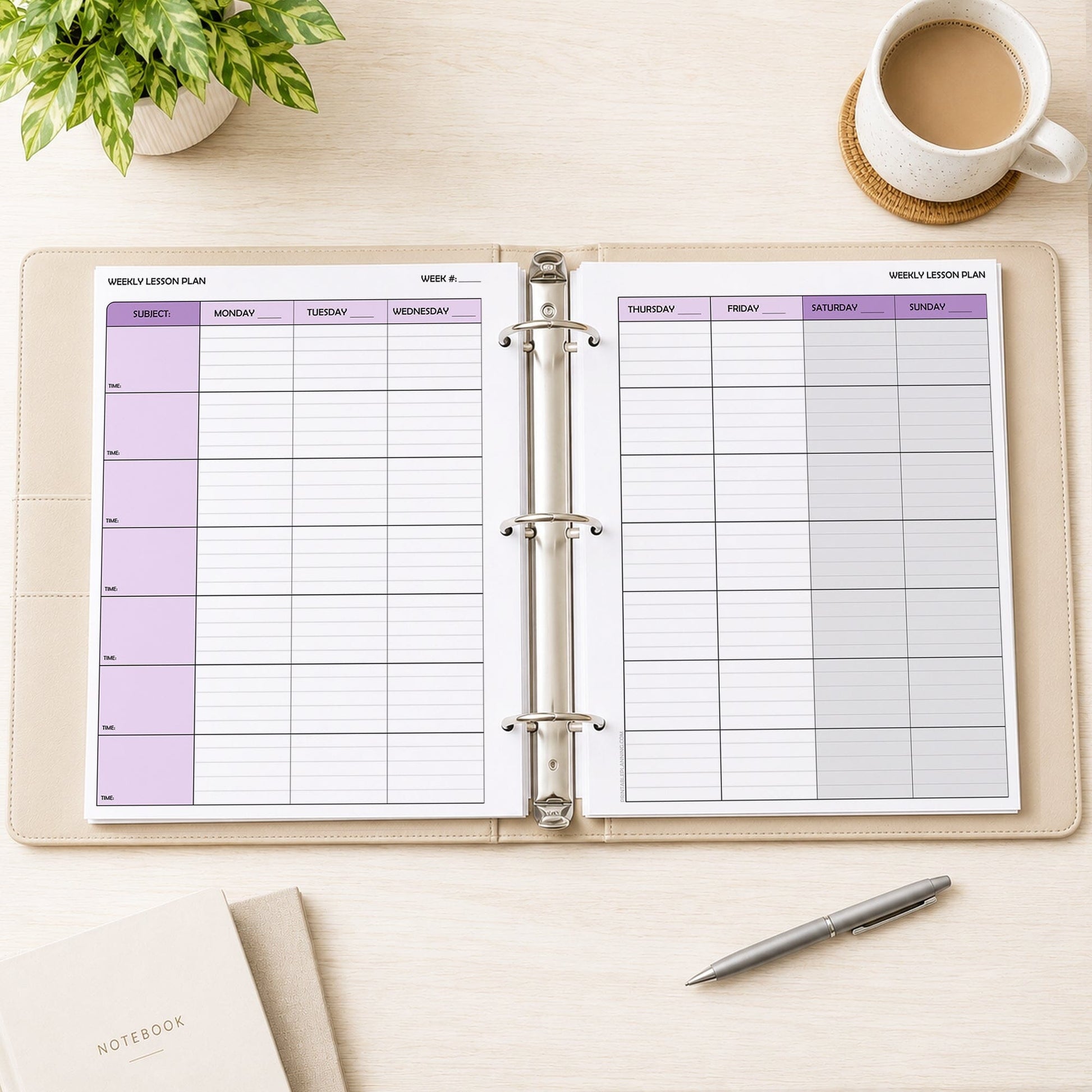 Two front and back printed Purple Weekly Lesson Plan Pages for Teachers shown in a beige binder on a desk with a plant, coffee, notebooks, and a pen.
