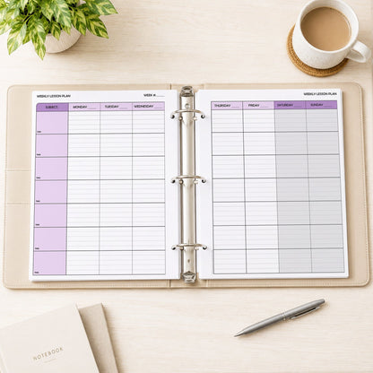Two front and back printed Purple Weekly Lesson Plan Pages for Teachers shown in a beige binder on a desk with a plant, coffee, notebooks, and a pen.