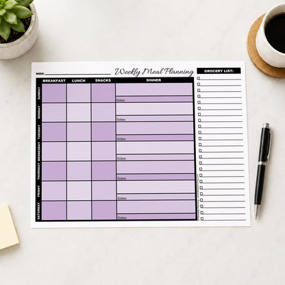 A printed Purple Weekly Meal Planner with Grocery List (printable page) shown on a table with a plant, sticky notes, coffee, and a pen.
