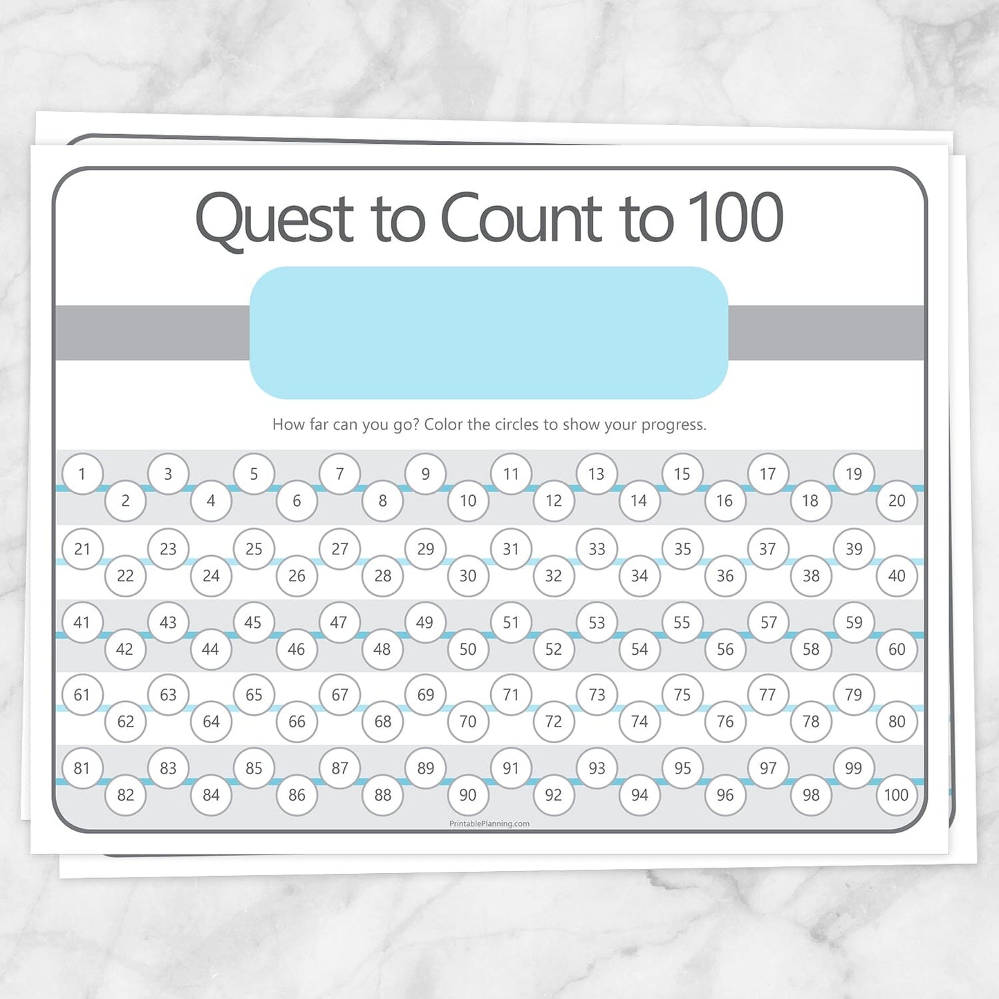 Printable Quest to Count to 100 - BUNDLE of 4 Kids Counting Sheets at Printable Planning. Example of blue sheet.