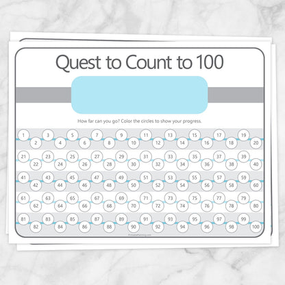 Printable Quest to Count to 100 - BUNDLE of 4 Kids Counting Sheets at Printable Planning. Example of blue sheet.