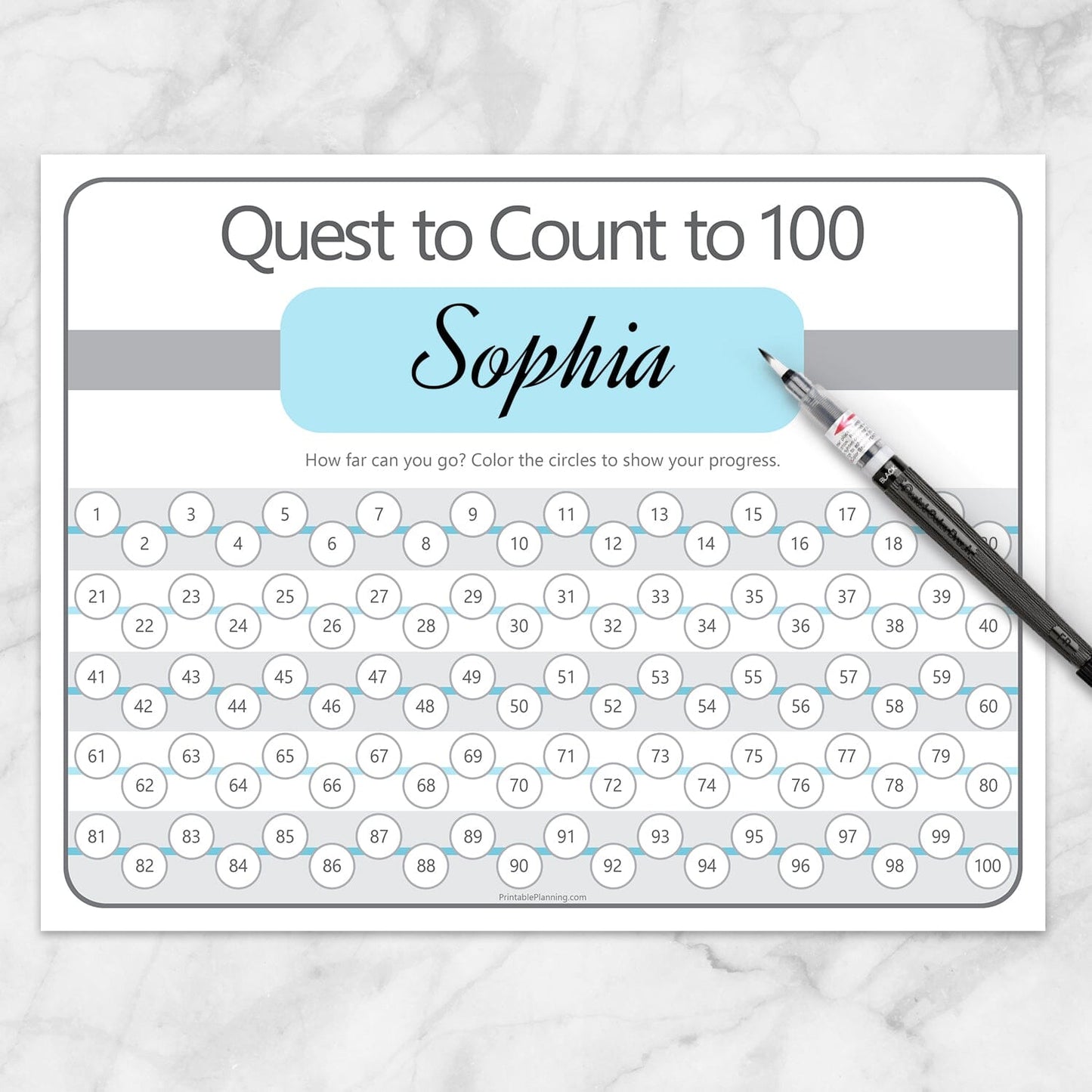 Printable Quest to Count to 100 - BUNDLE of 4 Kids Counting Sheets at Printable Planning. Example of blue sheet with a name written.