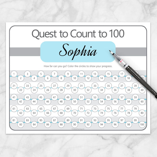 Printable Quest to Count to 100 - BUNDLE of 4 Kids Counting Sheets at Printable Planning. Example of blue sheet with a name written.