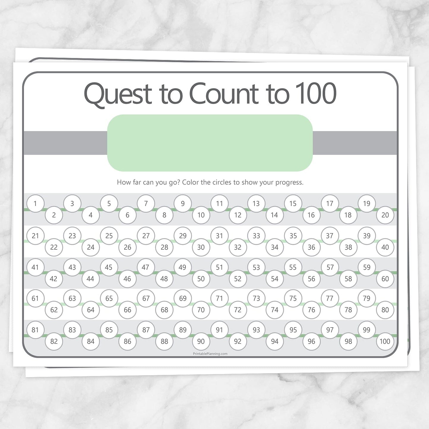 Printable Quest to Count to 100 - BUNDLE of 4 Kids Counting Sheets at Printable Planning. Example of green sheet.