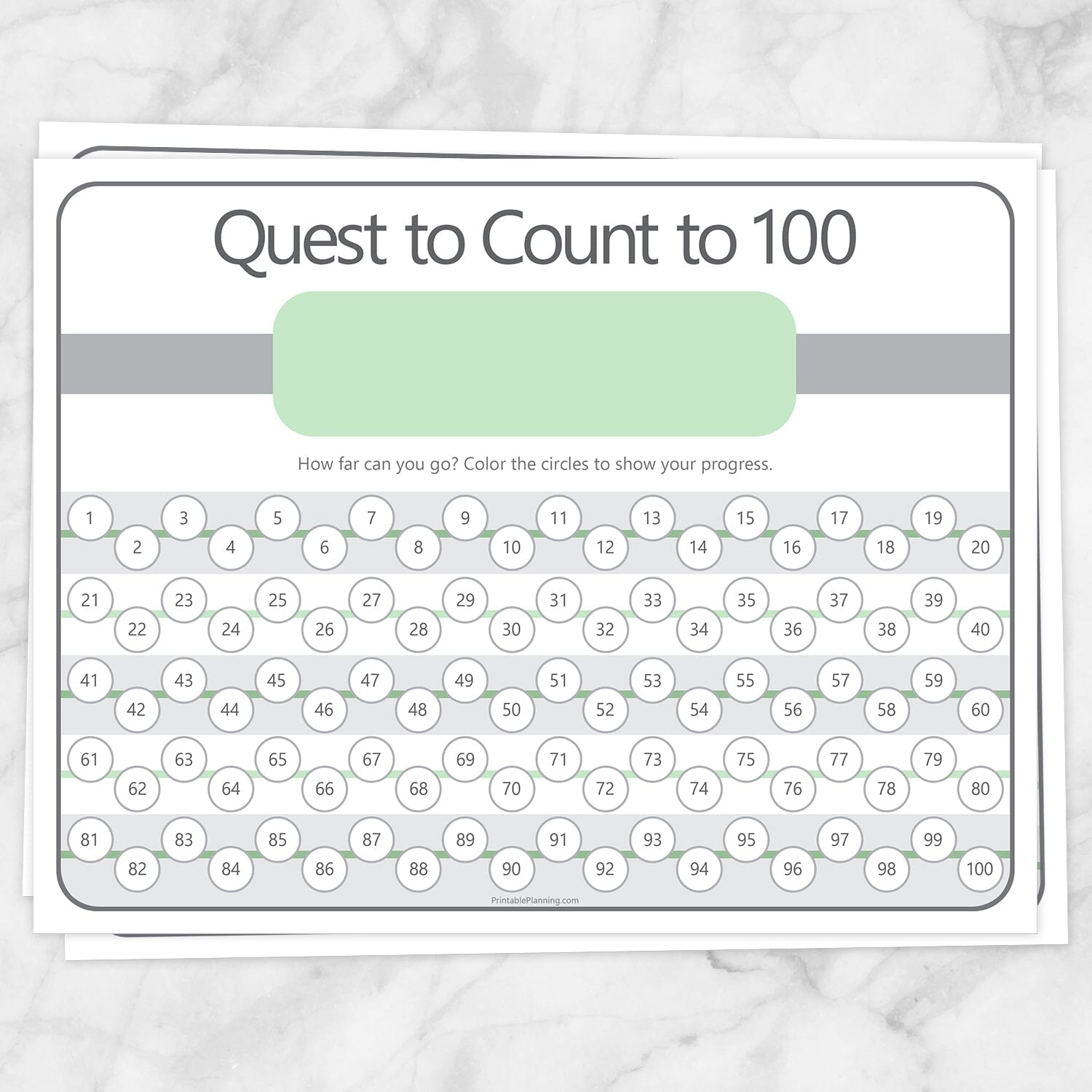Printable Quest to Count to 100 - BUNDLE of 4 Kids Counting Sheets at Printable Planning. Example of green sheet.