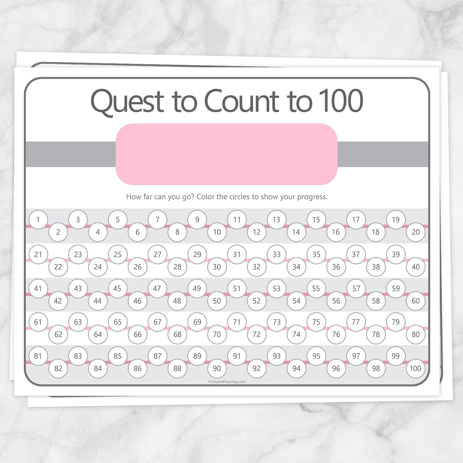 Printable Quest to Count to 100 - BUNDLE of 4 Kids Counting Sheets at Printable Planning. Example of pink sheet.