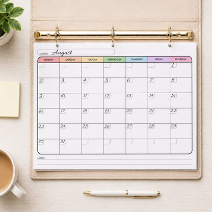 A printed rainbow undated monthly calendar (printable) page, with dates written in, shown in a beige binder on a table with a plant, sticky notes, coffee, and a pen.