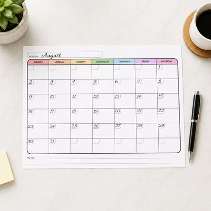 A printed rainbow undated monthly calendar (printable) page, with dates written in, shown on a table with a plant, sticky notes, coffee, and a pen.