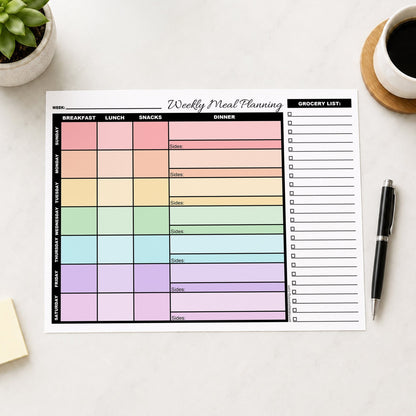 A printed page of the Rainbow Weekly Meal Planner with Grocery List (printable page) displayed on a light marble surface, styled with a small potted succulent, a cup of coffee, and a black pen.