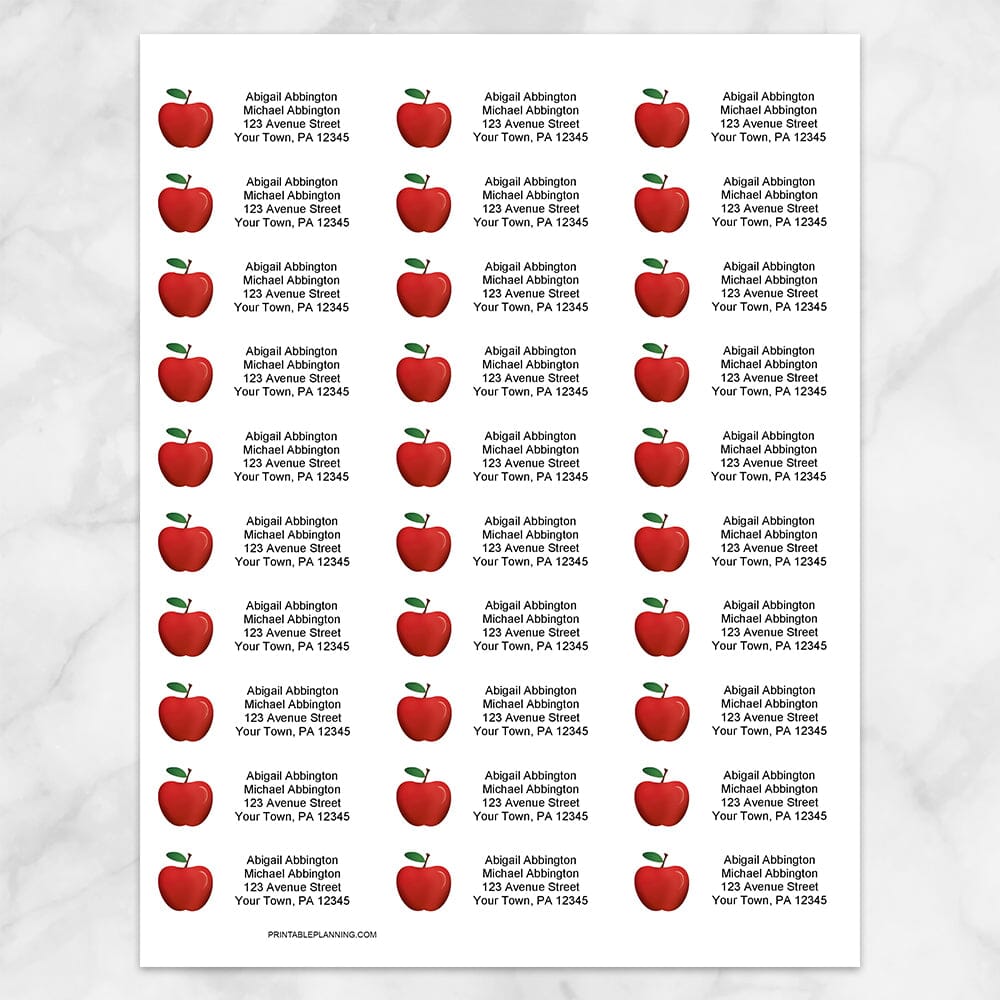 Printable Red Apple Address Labels at Printable Planning. Sheet of 30 labels. 