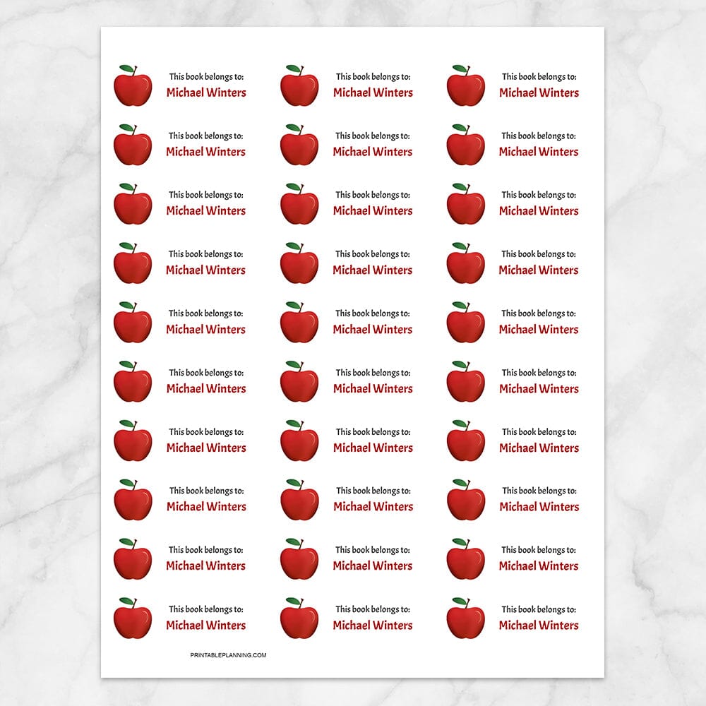 Printable Red Apple Bookplate Labels for Name Labeling Books at Printable Planning. Sheet of 30 labels.