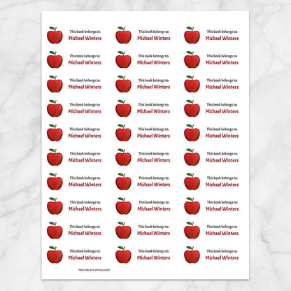 Printable Red Apple Bookplate Labels for Name Labeling Books at Printable Planning. Sheet of 30 labels.