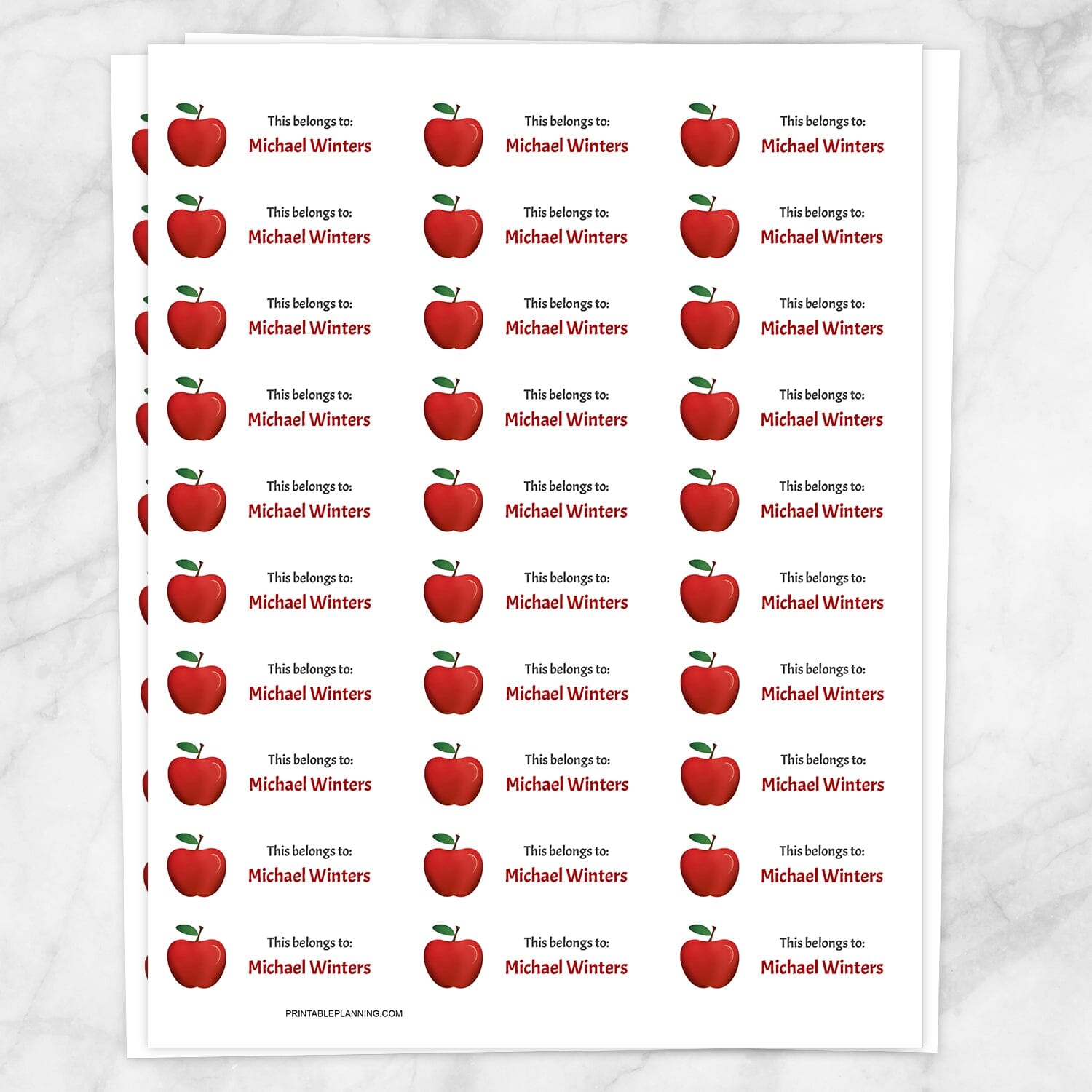 Printable Red Apple Name Labels for School Supplies at Printable Planning. Sheet of 30 labels.