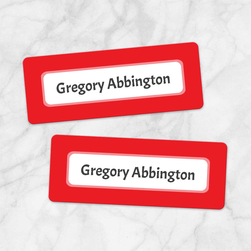 Printable Red Border Name Labels for School Supplies at Printable Planning. Example of 2 labels.